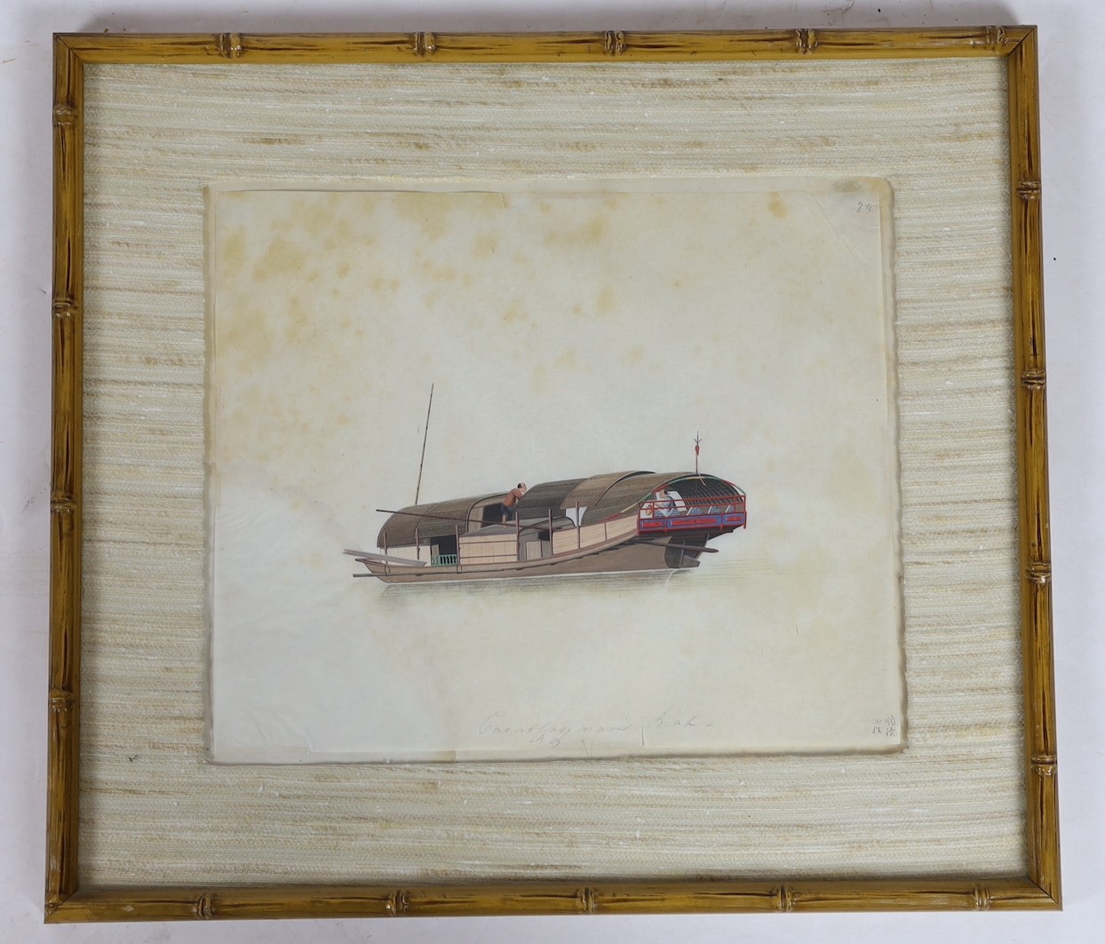 19th century Chinese School, nine gouaches on pith paper, Studies of water-going vessels, inscribed in Chinese and titled in English, giving the names and uses of the various vessels, 29 x 34cm